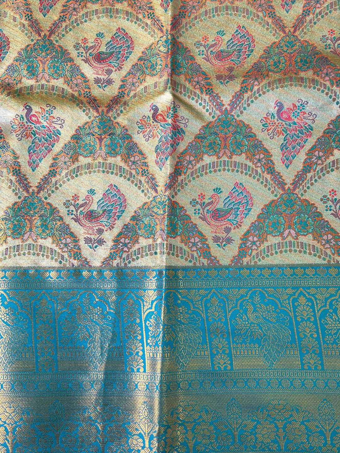 Majestic Rama And Gold Peacock Saree