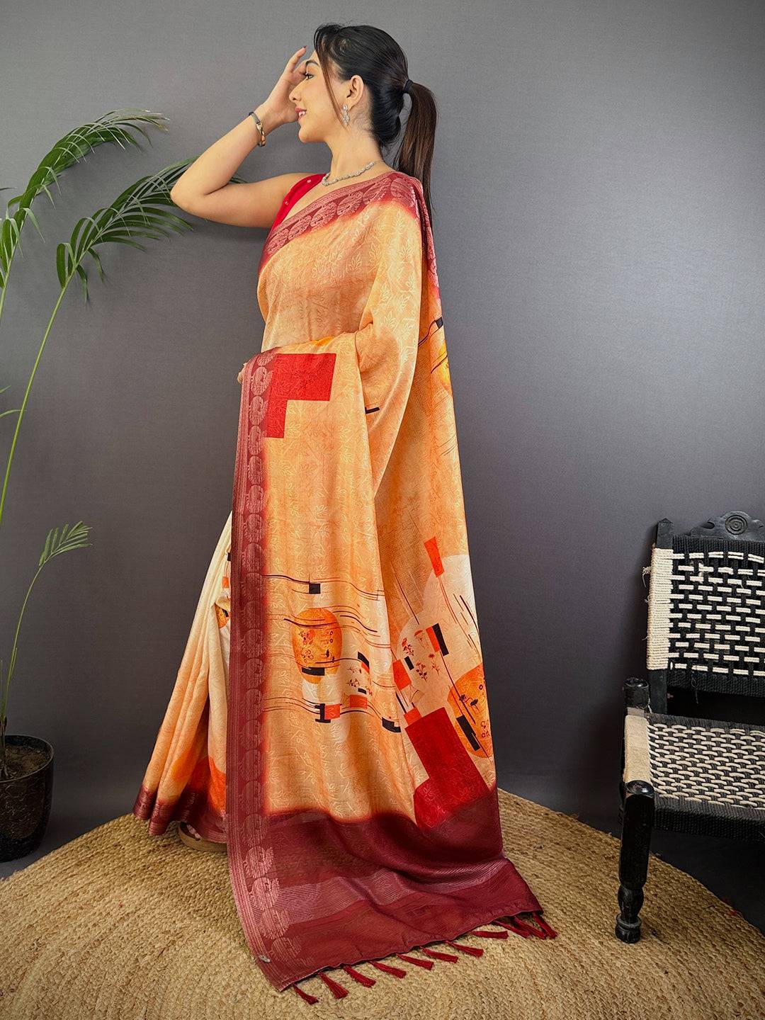 Ochre Digital Print Soft Dola Silk Saree