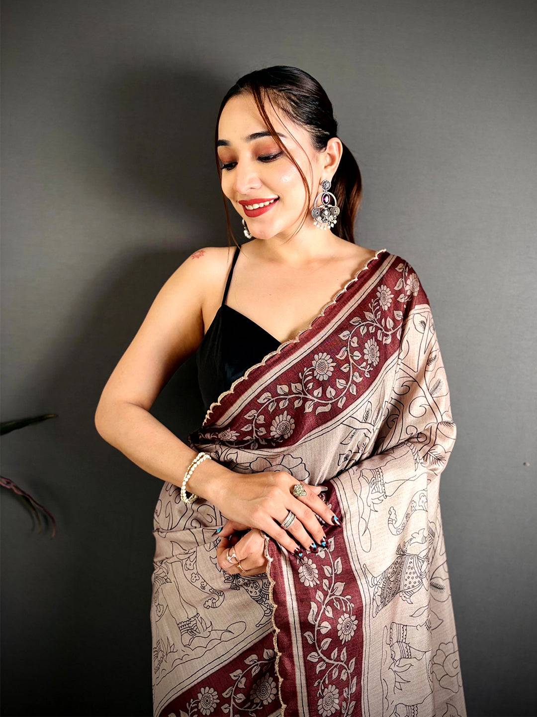 Heritage Pen Kalamkari Printed Tussar Saree