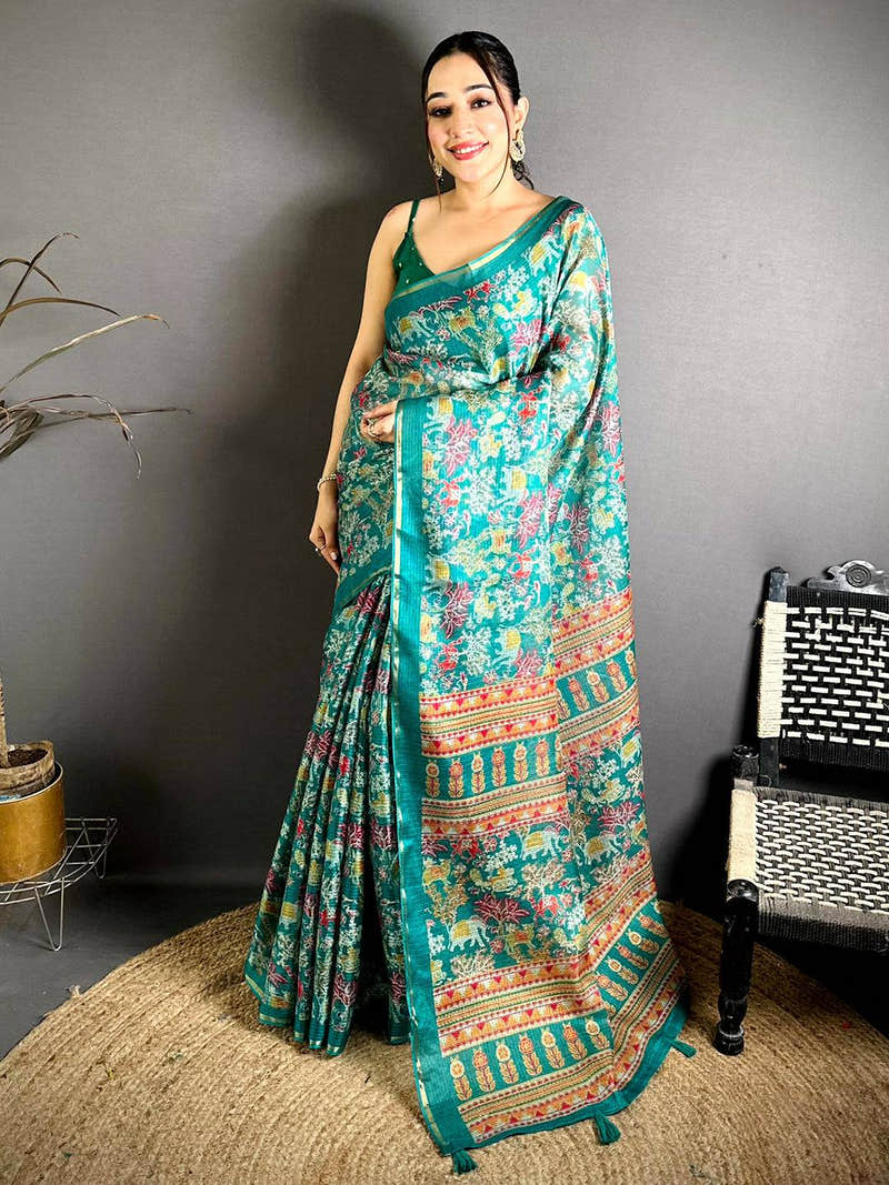 Teal Kota Doriya Kalamkari Print Saree