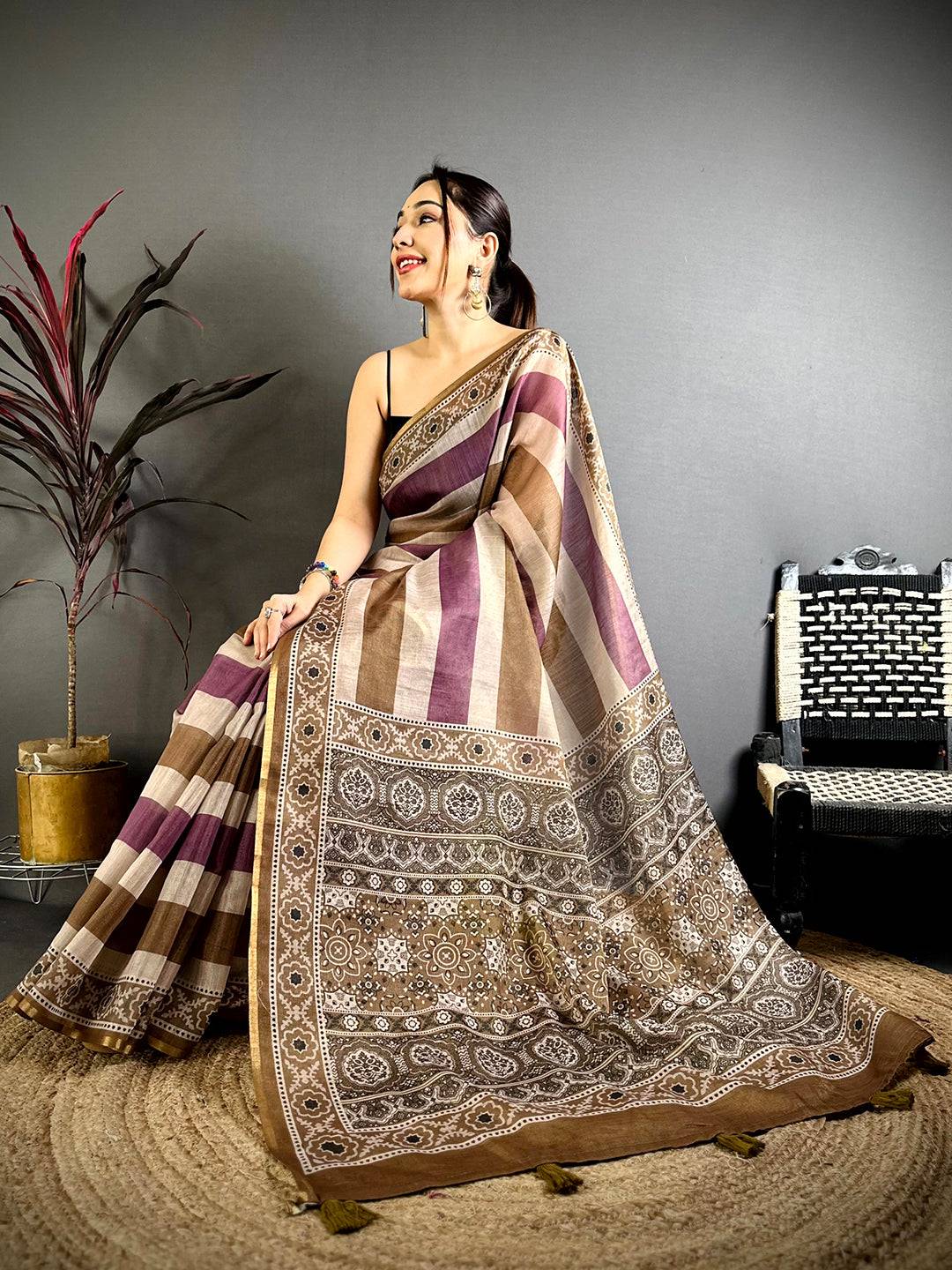 Heritage Stripe Linen Chanderi Saree