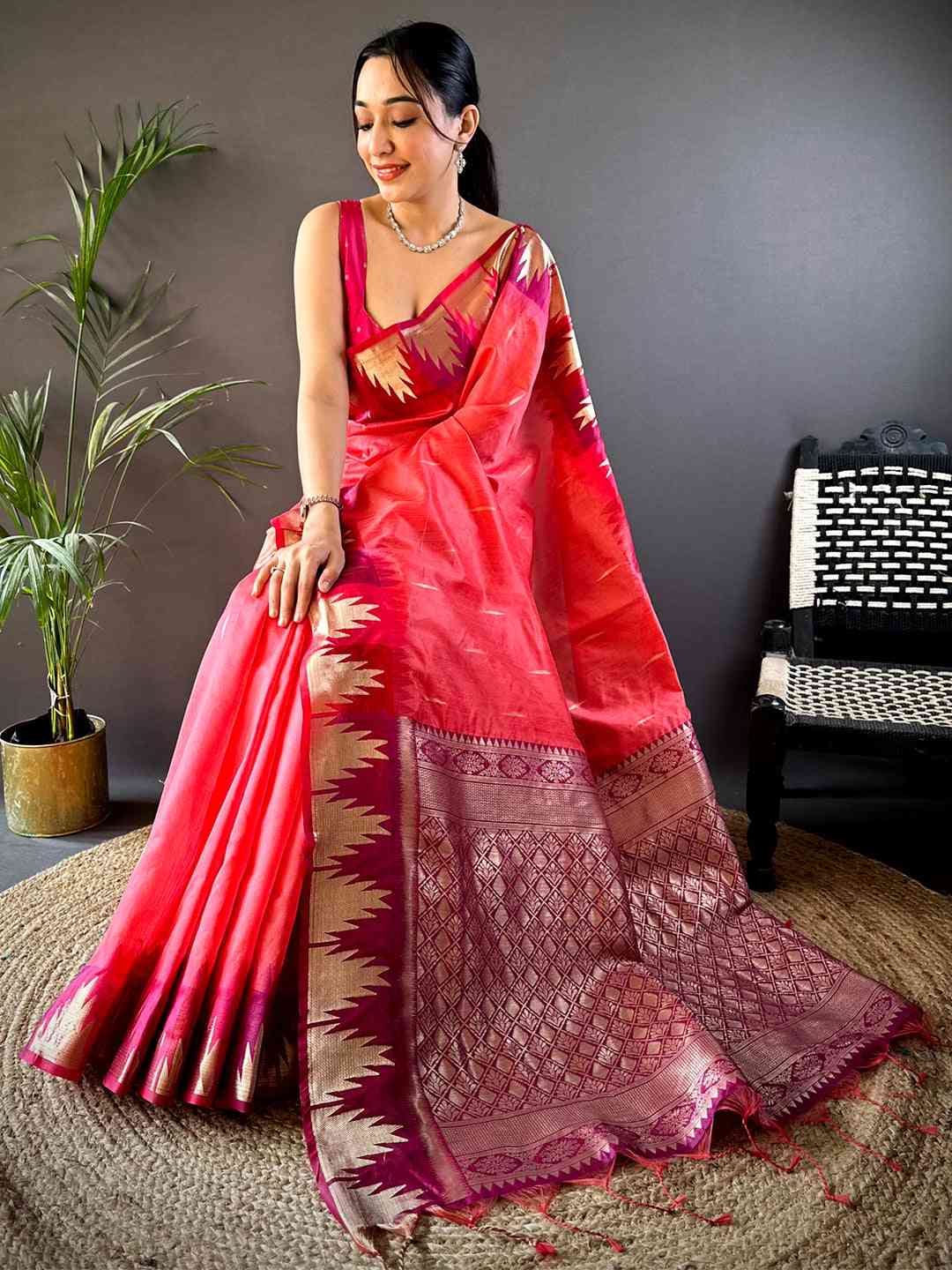 Peach Banarasi Raw Silk Ikkat Saree