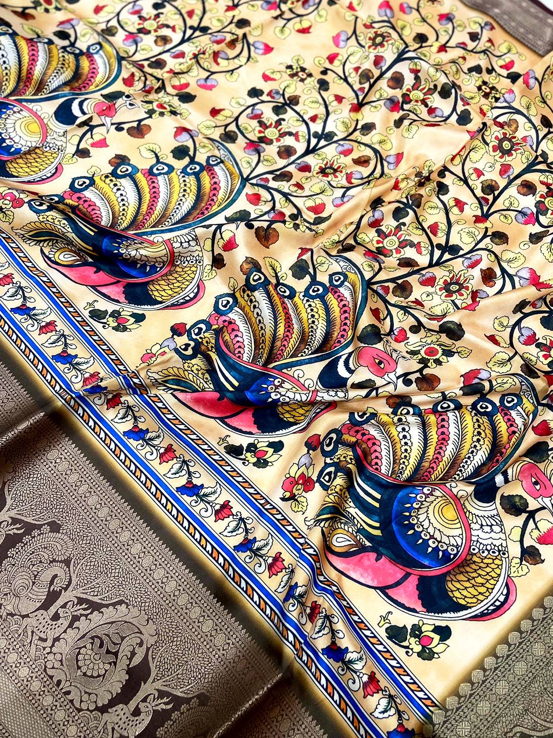 Olive Kalamkari Digital Print Pattu Saree