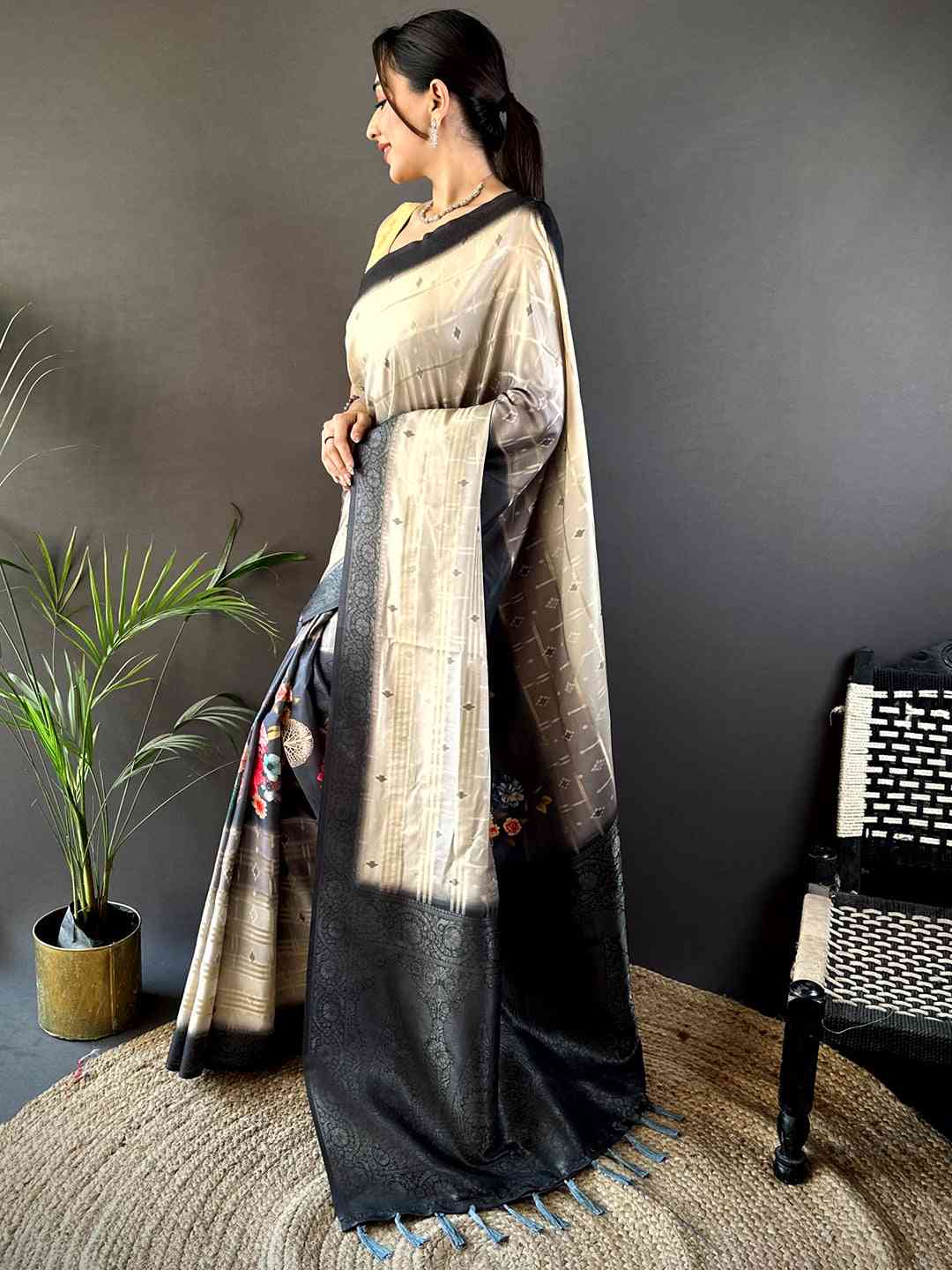 Beige Kalamkari Ombre Crepe Silk Saree