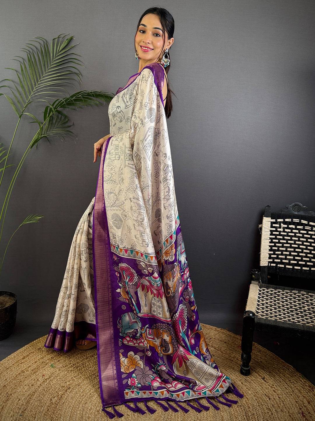 Purple Dola Silk Pen Kalamkari Print Saree