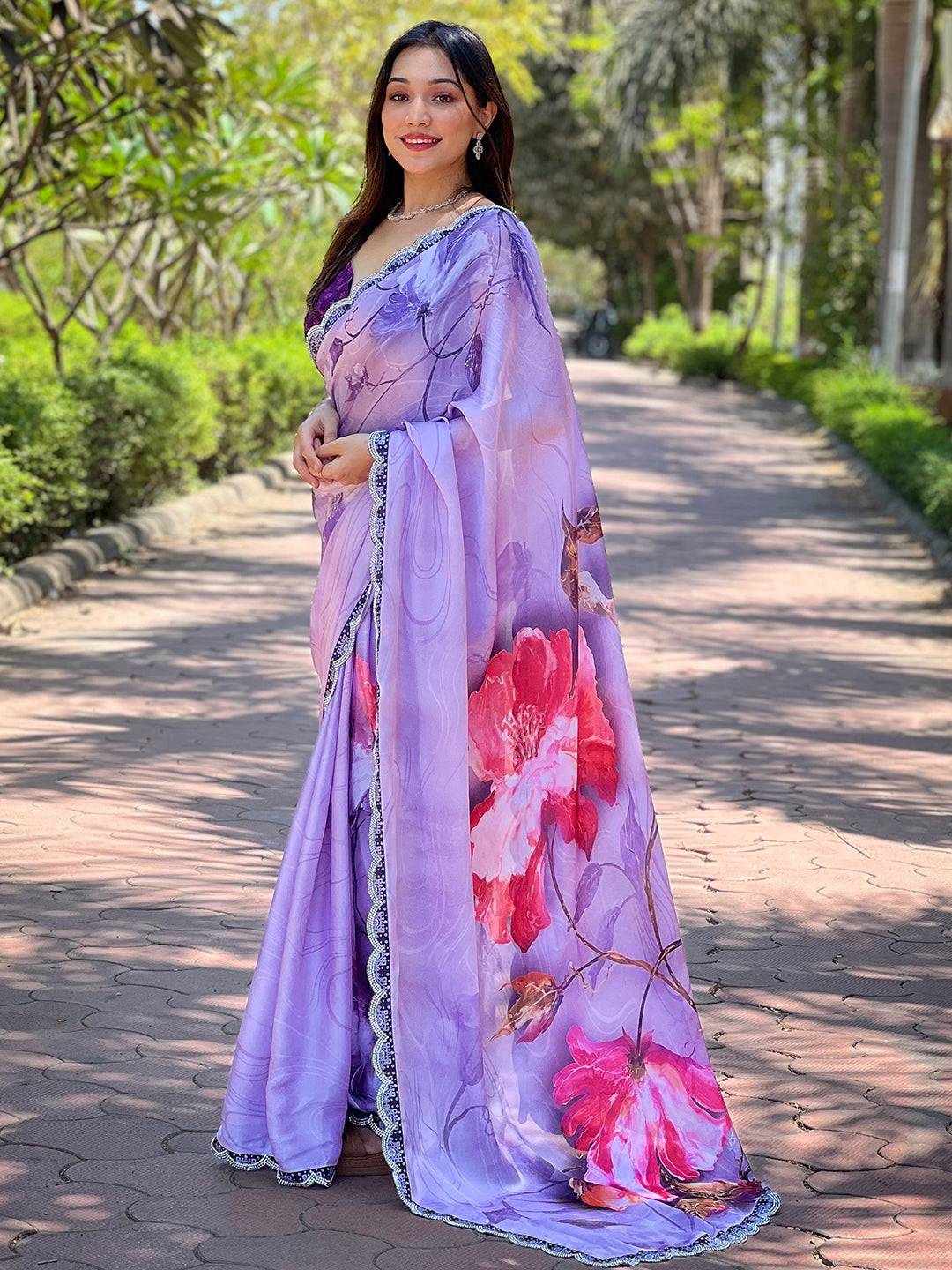 Back view of purple floral print saree with intricate design