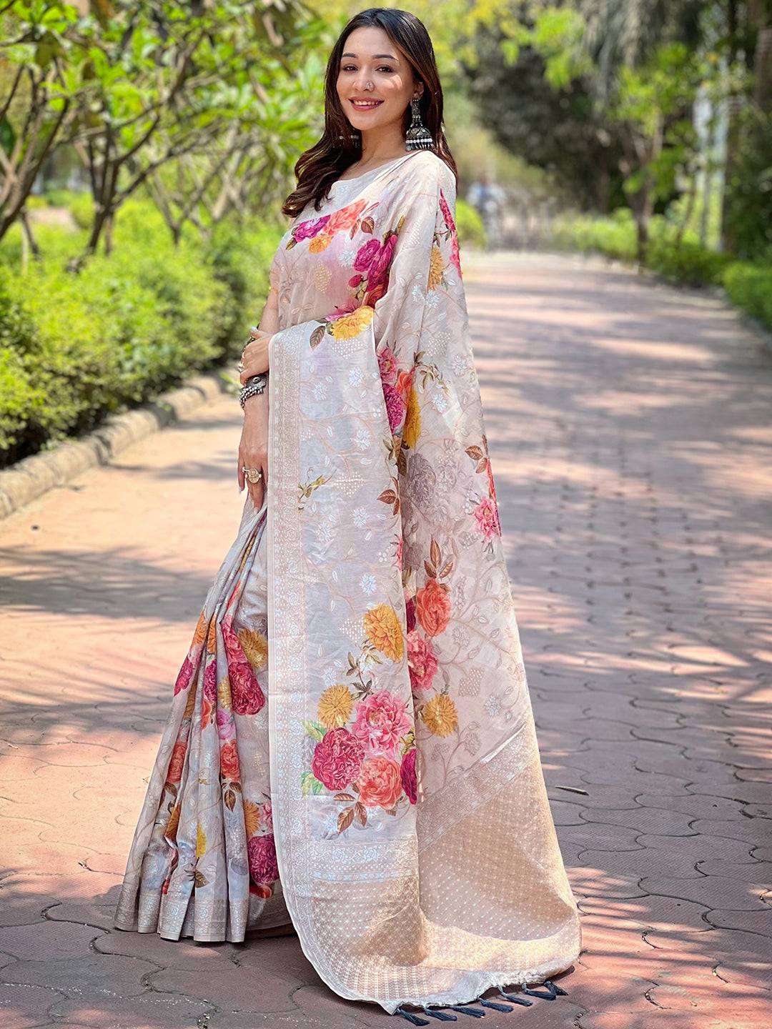 Elegant grey saree with floral Lakhnavi Bandla Zari embroidery