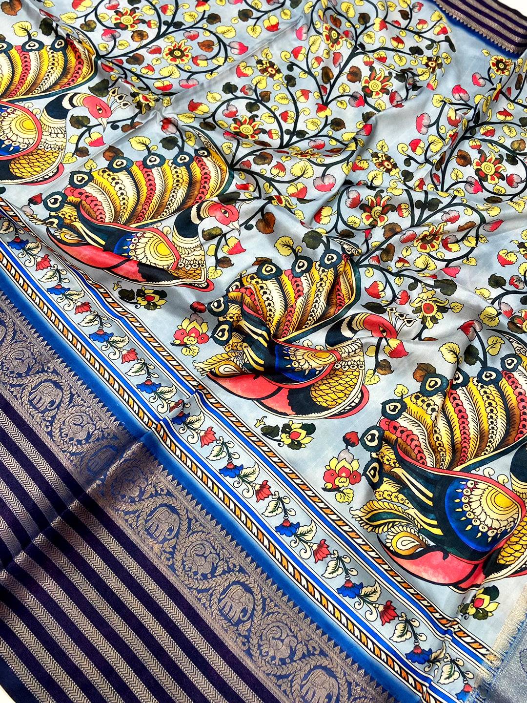 Blue Kalamkari Digital Print Pattu Saree
