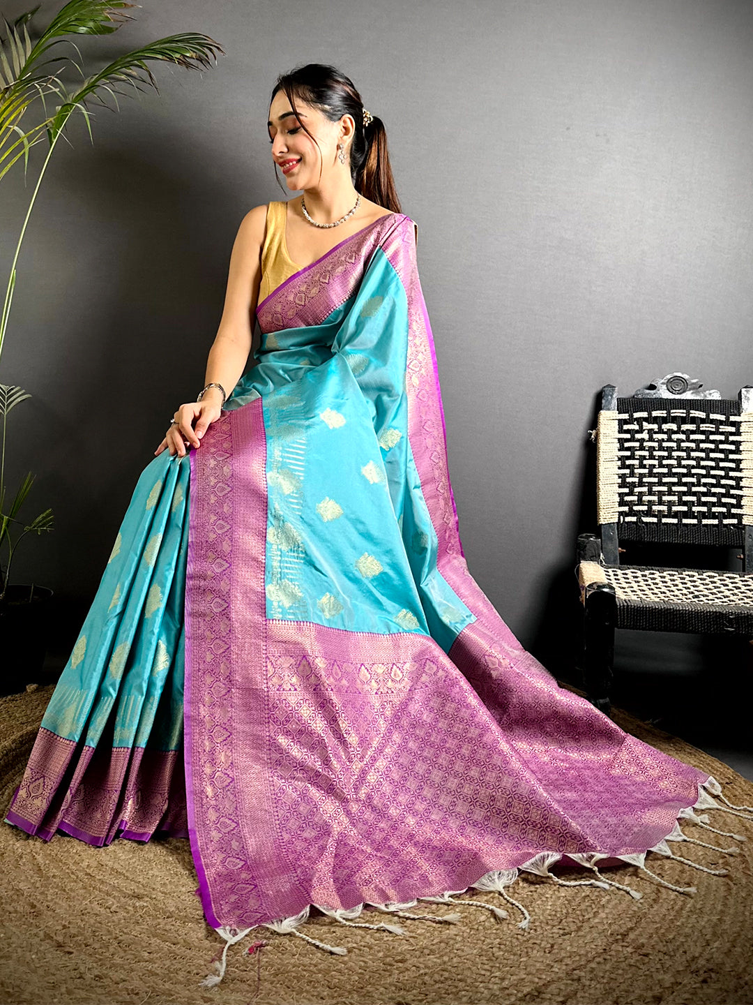 Soft Silk Bali Jewellery Zari Butta Saree