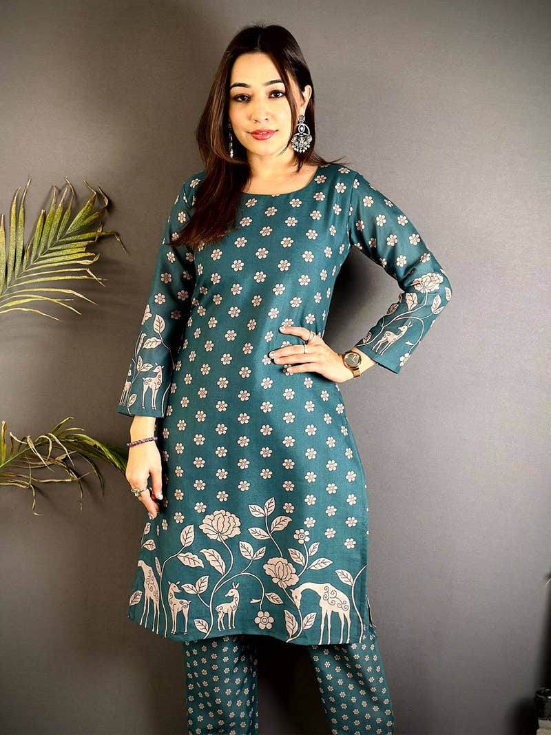 Teal Green Mul Cotton Kalamkari Print Kurti with Deer Border