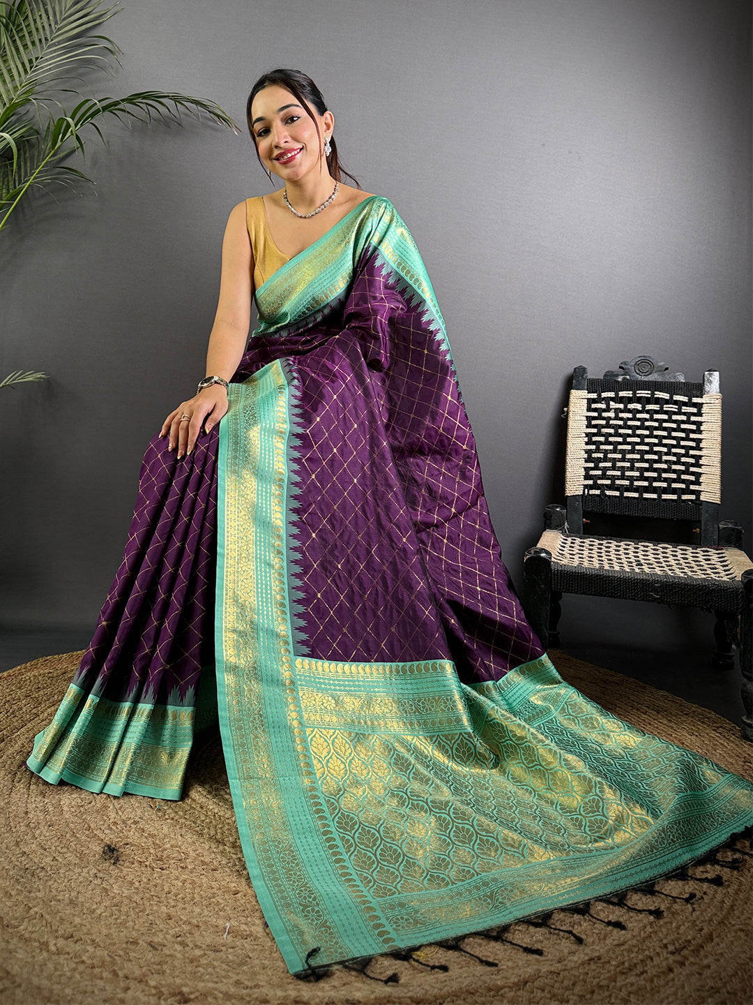 Wine Gold Zari Chex Soft Silk Saree