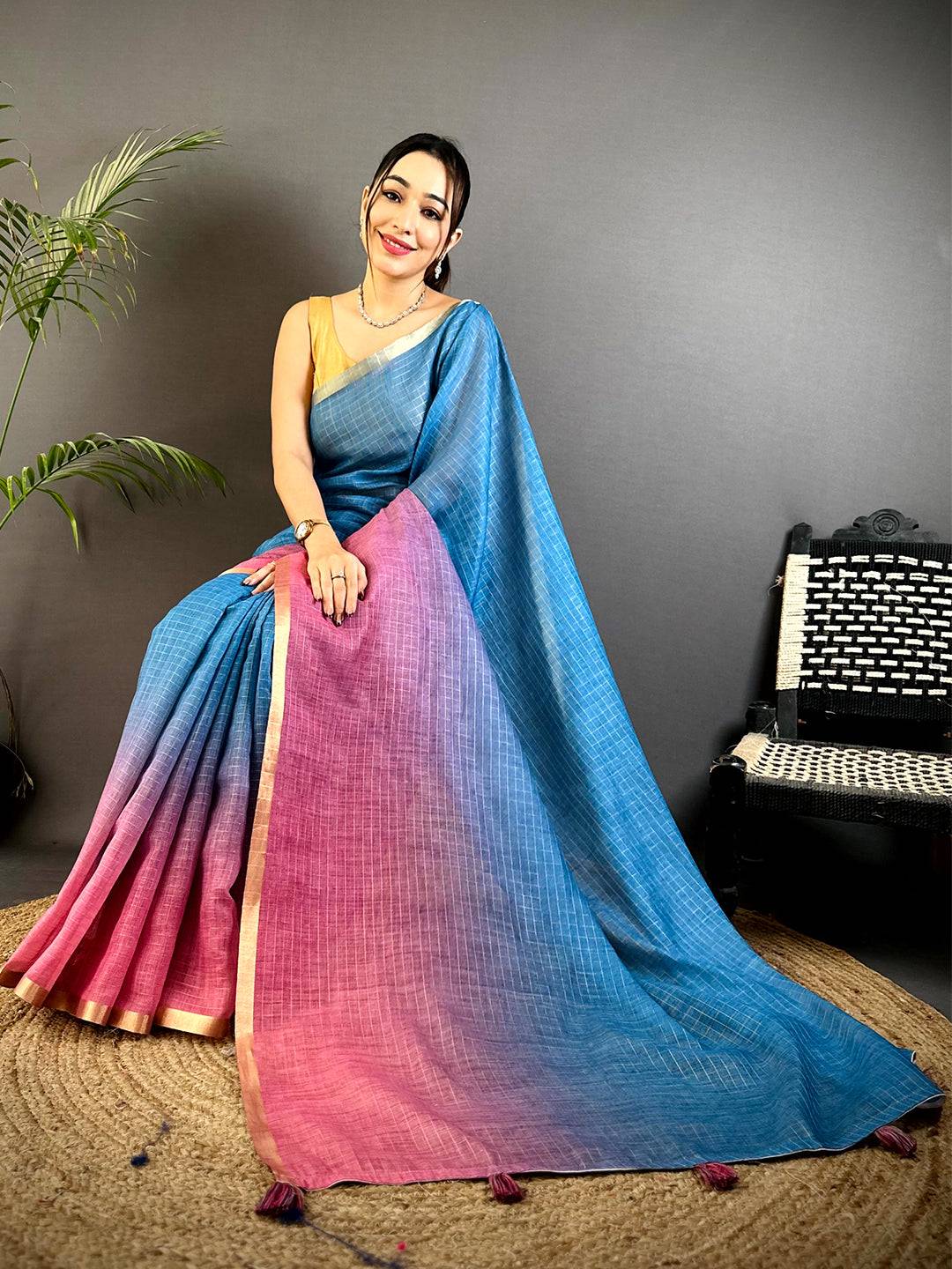 Festive Linen 90 Zari Check Saree