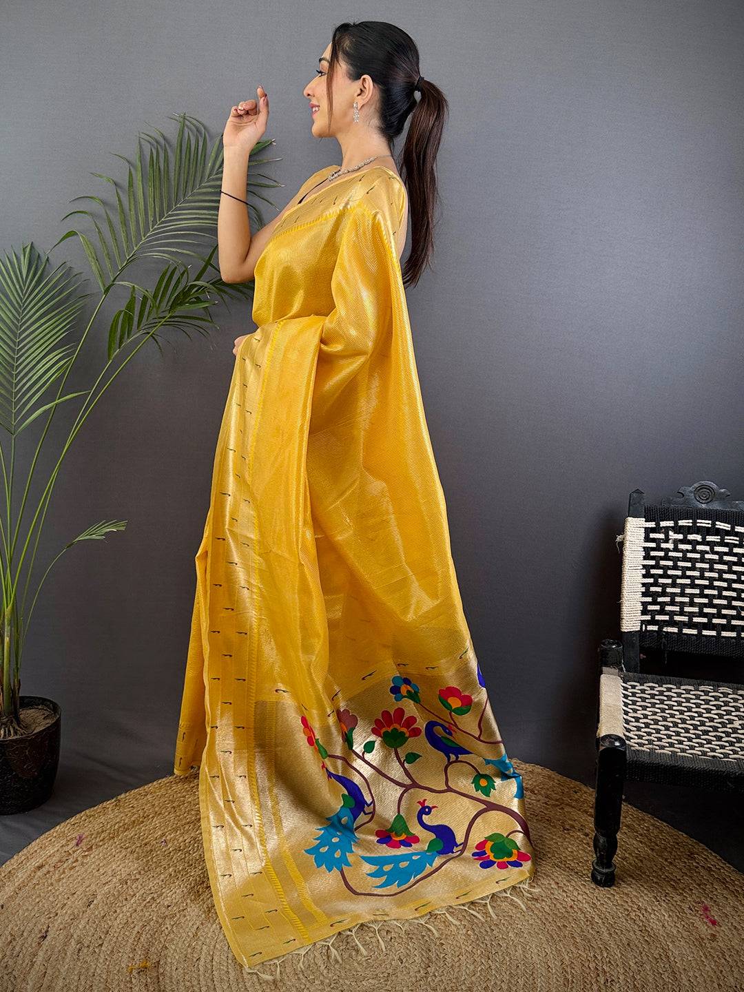 Yellow Soft Zari Tissue Paithani Saree