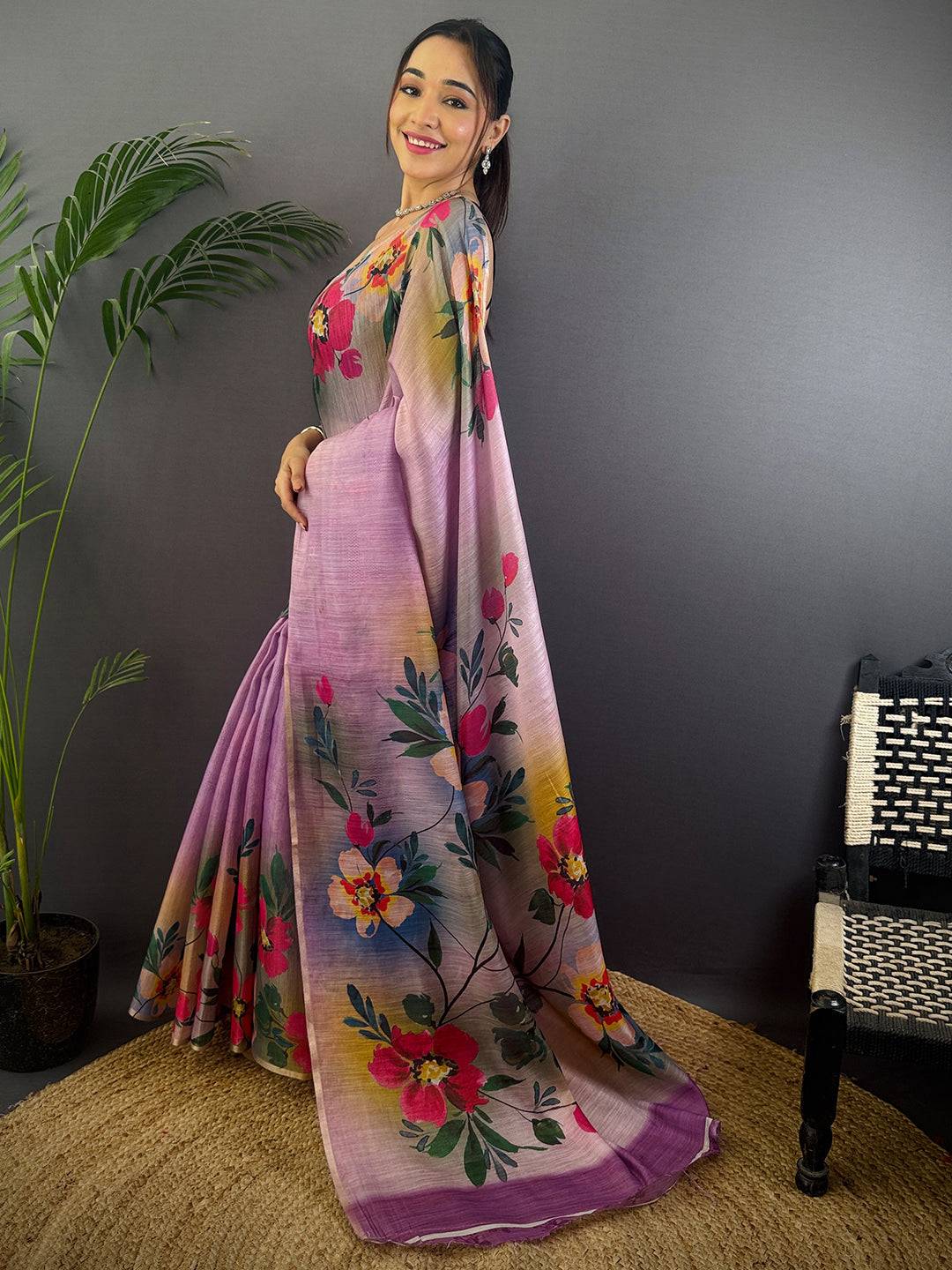 Purple Linen Chanderi Floral Print Saree