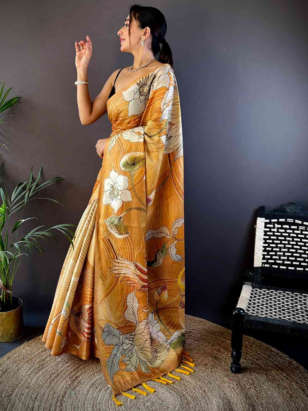 Honey Yellow Semi Zari Tussar Botanical Saree