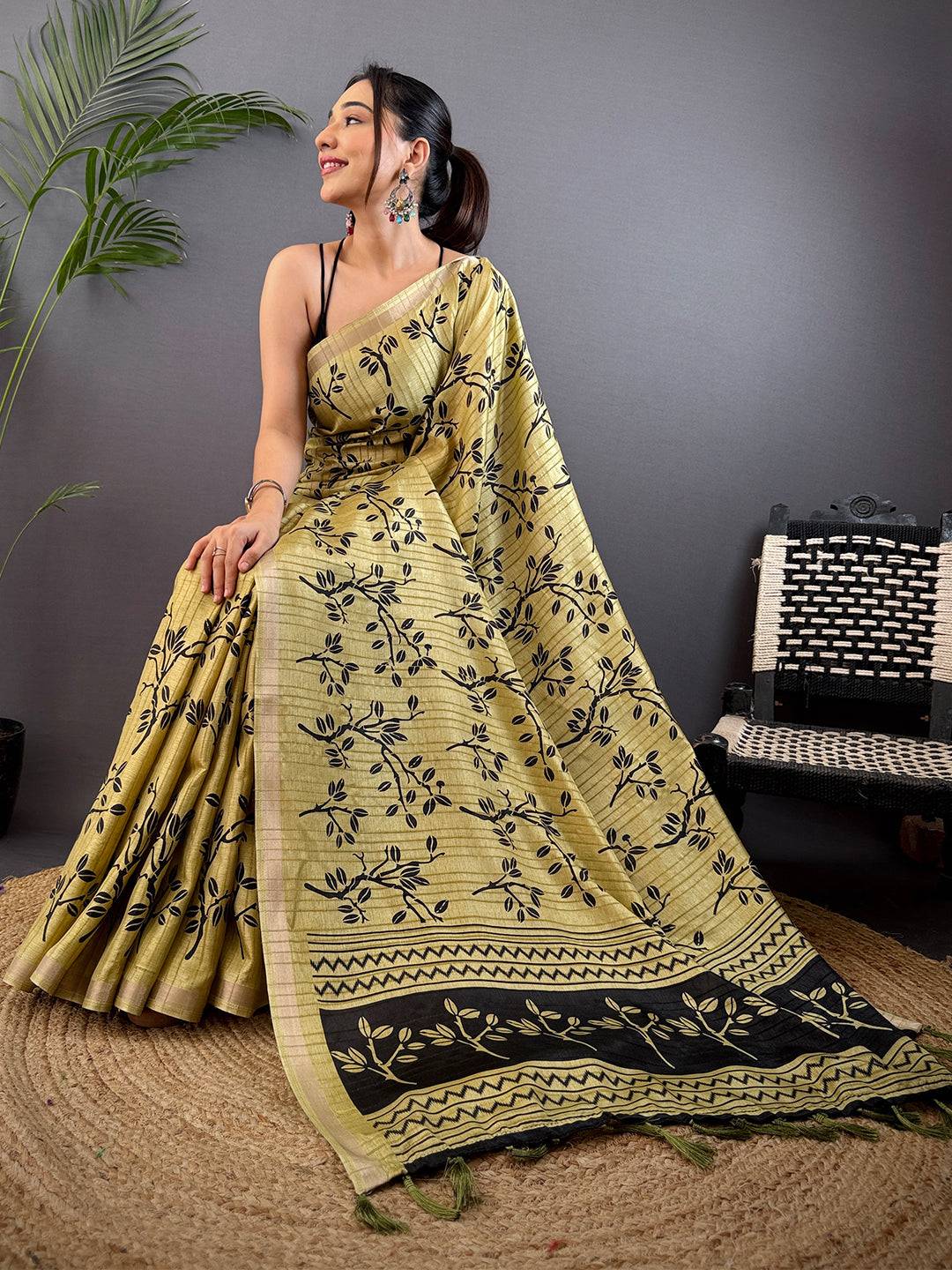 Mustard Yellow Ghicha Leaf Print Saree