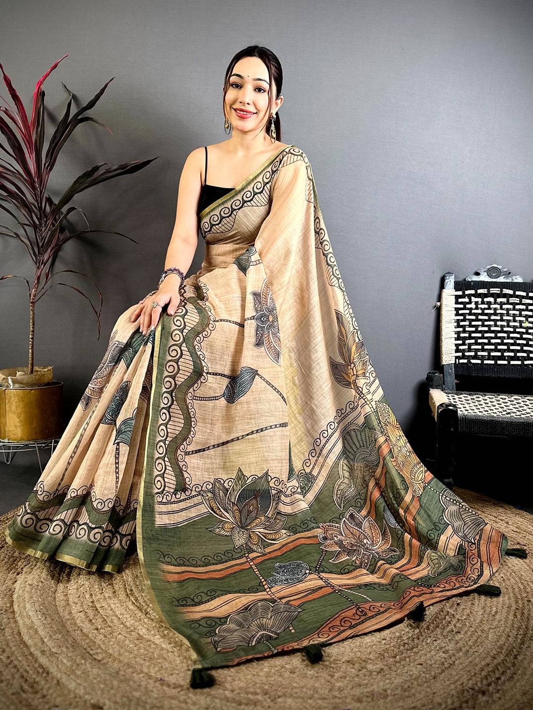 Elegant Freehand Kalamkari Linen Saree