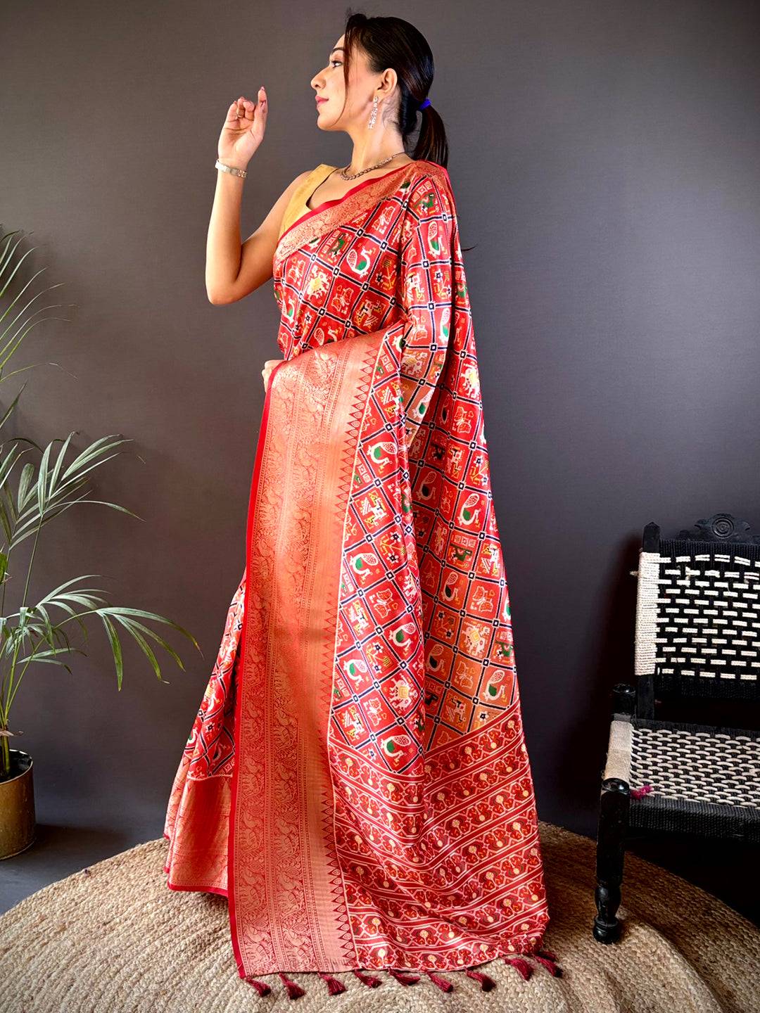 Stylish Ombre Red Soft Silk Saree with traditional Patola patterns