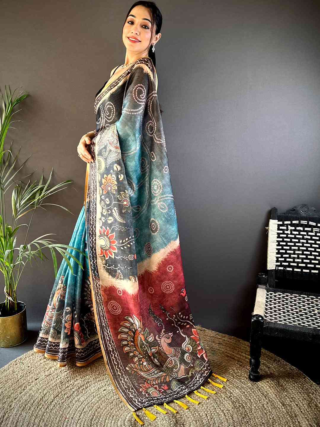 Steel Blue Kalamkari Bandhani Chanderi Saree