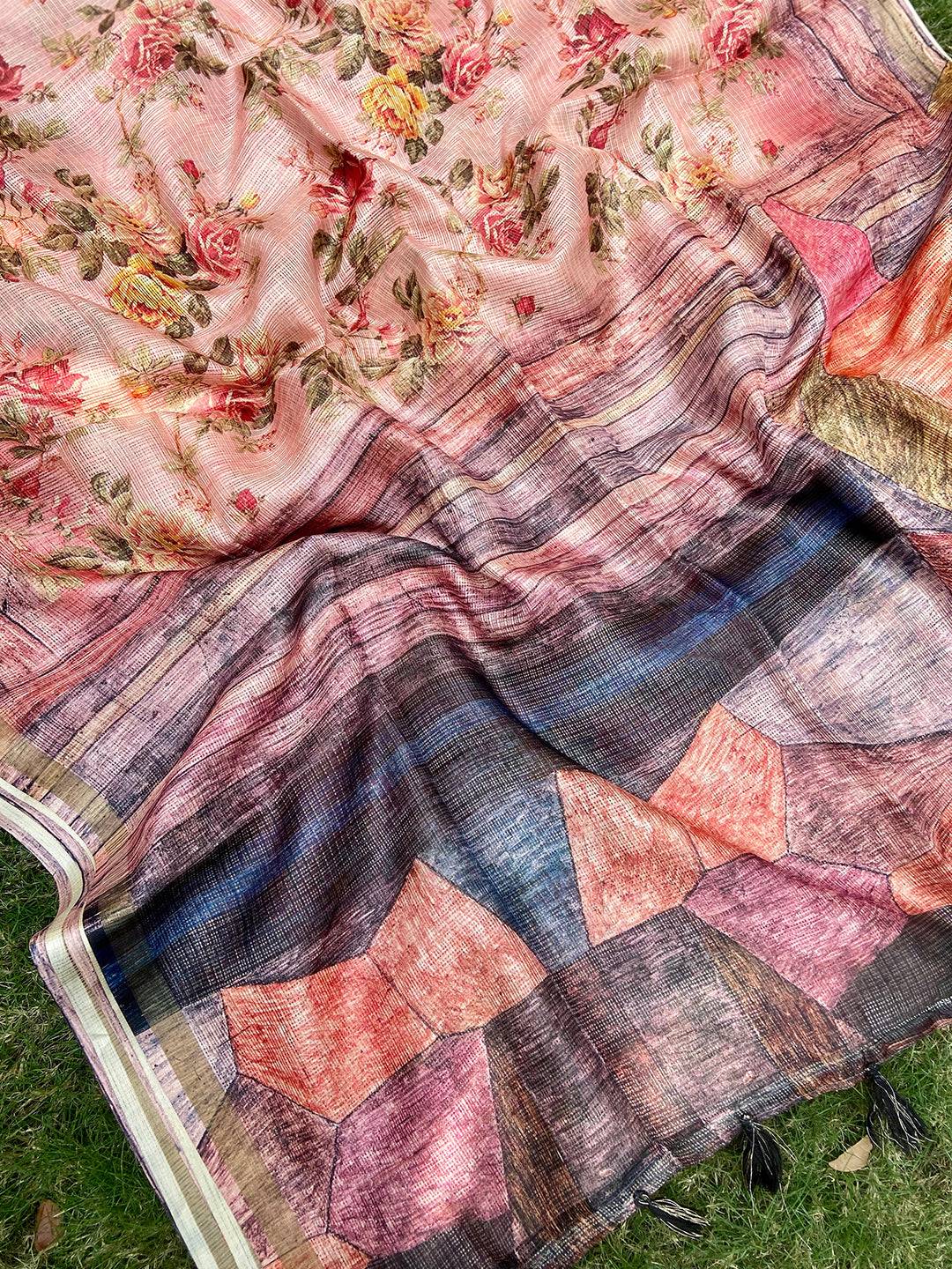 Soft Kota Doriya Silk Saree With Flower & abstect Prints