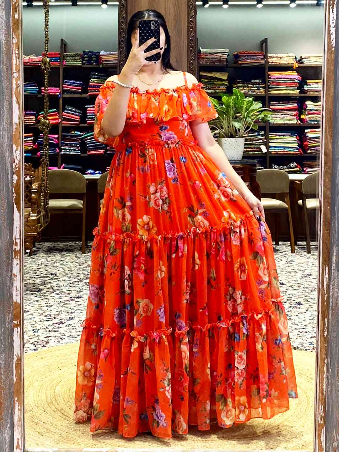 Sunny Orange Georgette Floral Dress