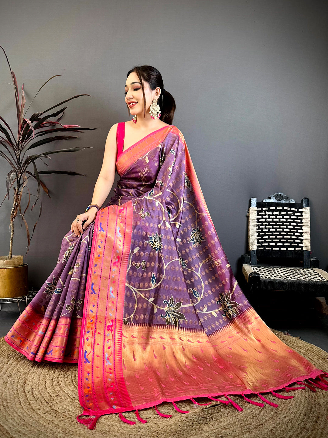 Purple Paithani Border Kora Tissue Saree