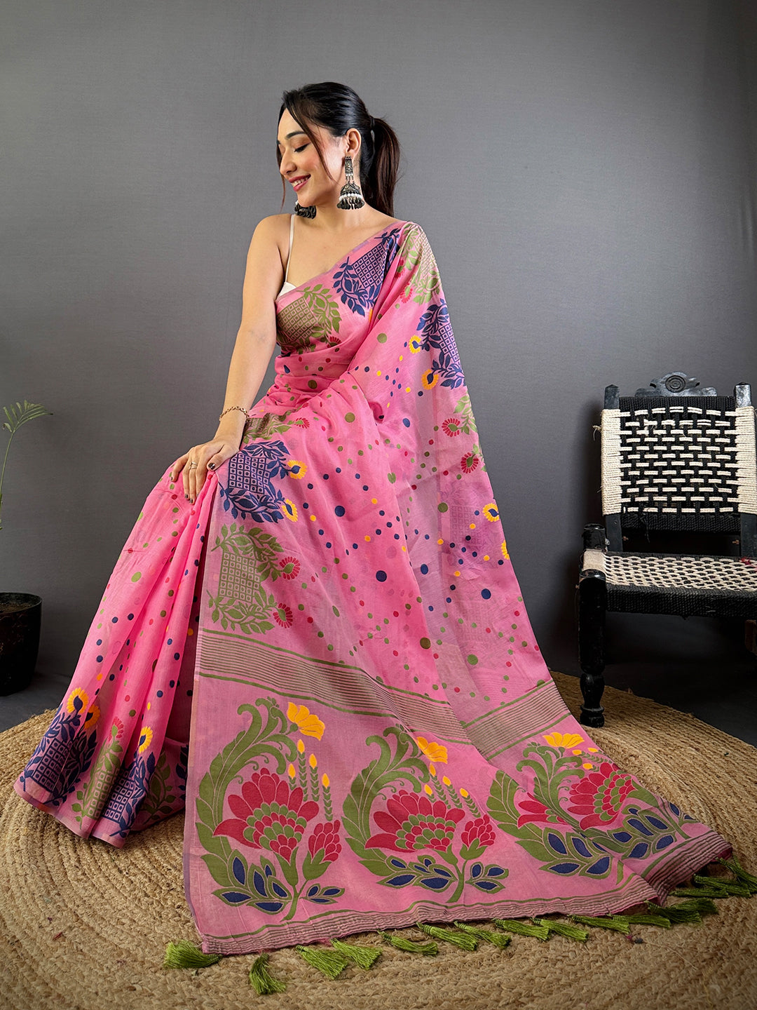 Pink Dhakai Jamdani Cotton Silk Saree