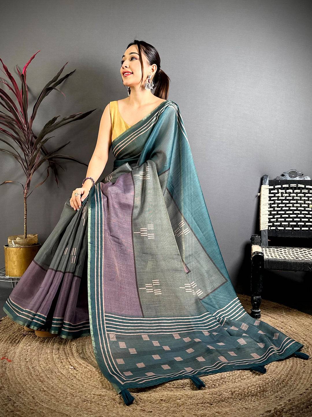 Ethereal Geometric Linen Chanderi Saree