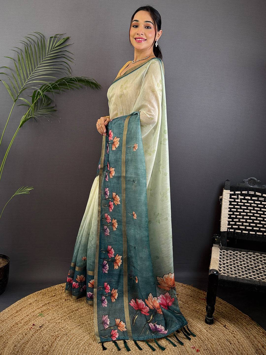 Teal Blue Linen Chanderi Floral Print Saree