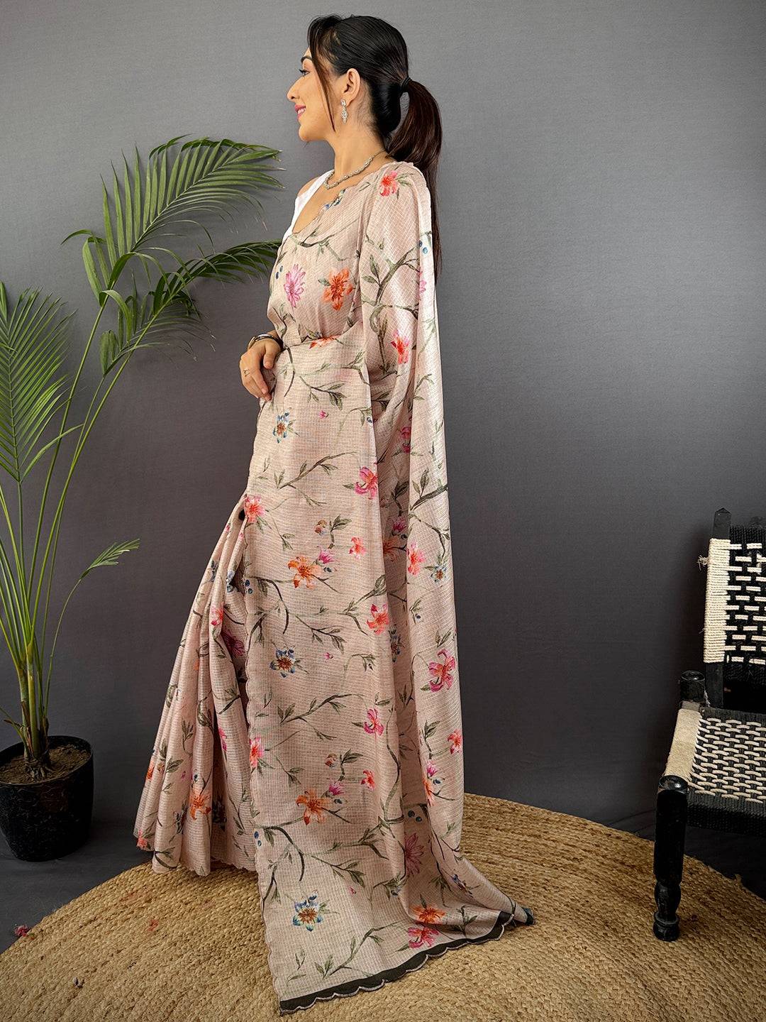Beige Soft Kota Floral Print Saree