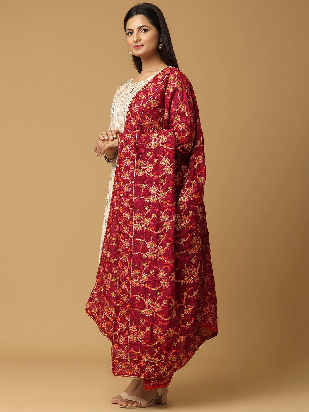 Side view of wine color pashmina threadwork dupatta