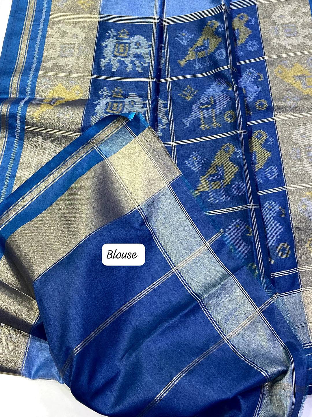 Blue Double Ikat Tussar Silk Saree