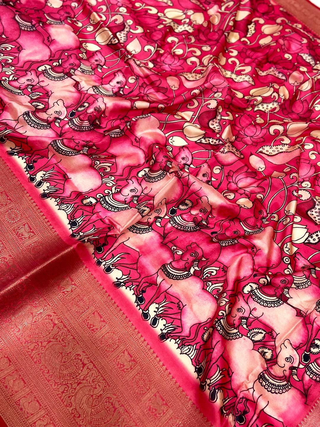 Bright Pink Digital Kalamkari Banarasi Saree