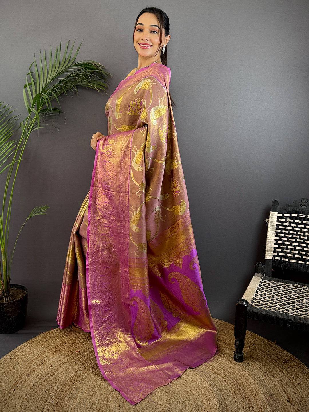 Beige Dharmavaram Gold Birds Print Saree