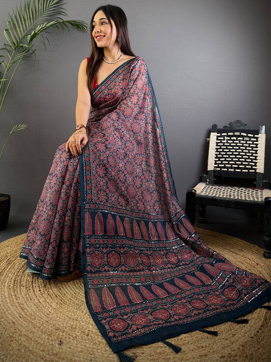 Navy Blue Charm Mirror Work Silk Saree