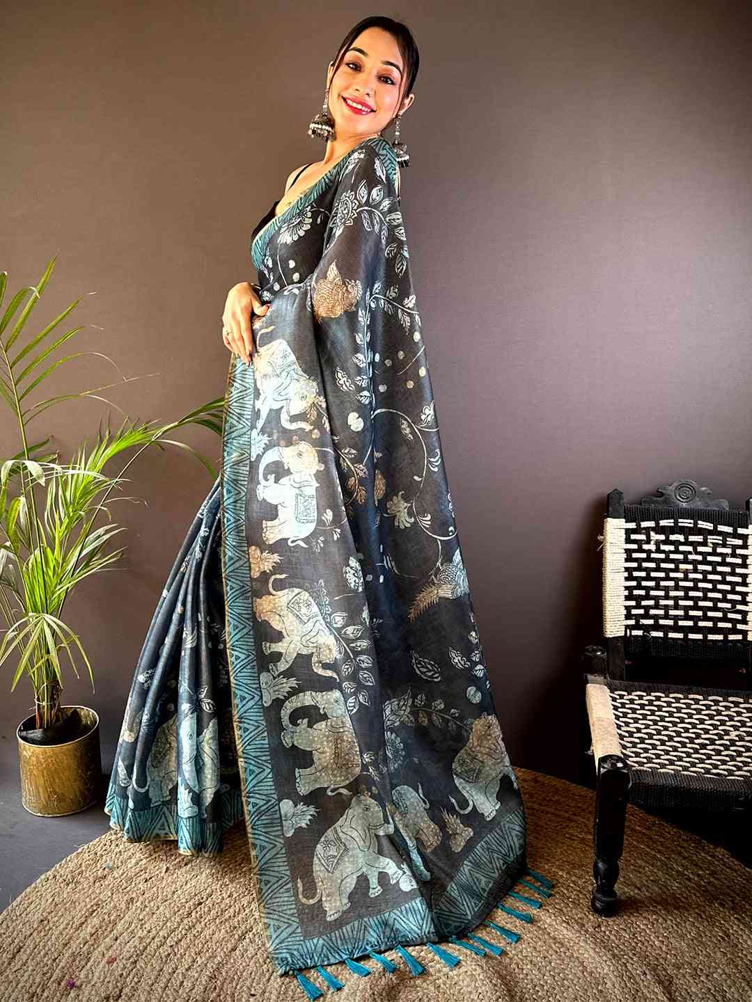 Navy Kalamkari Block Print Chanderi Saree