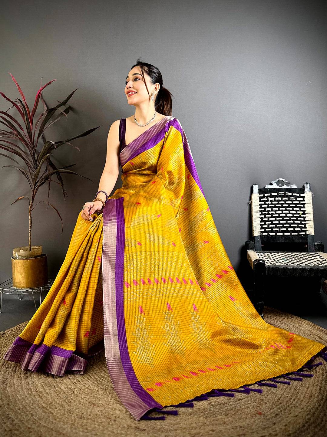 Yellow Tussar Zari Chex Bird Motif Saree