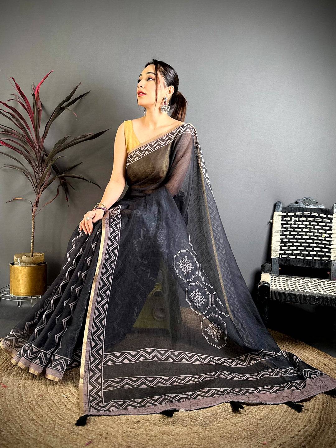 Regal Ajrakh Print Linen Saree