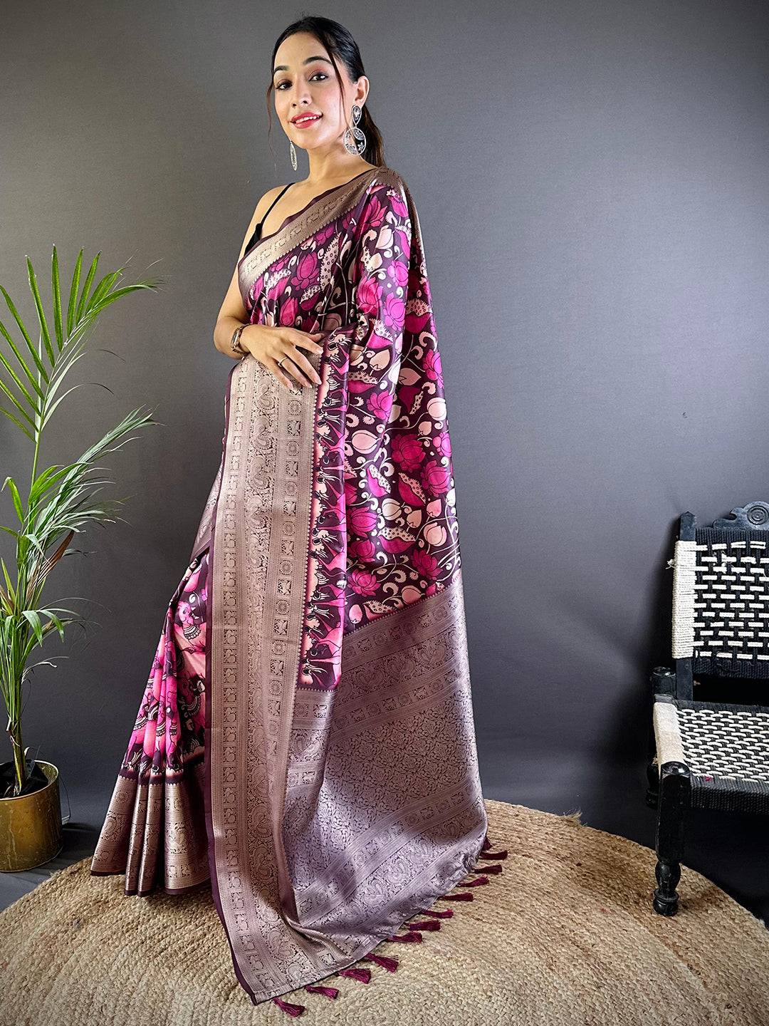 Rose Wine Soft Silk Kalamkari Saree