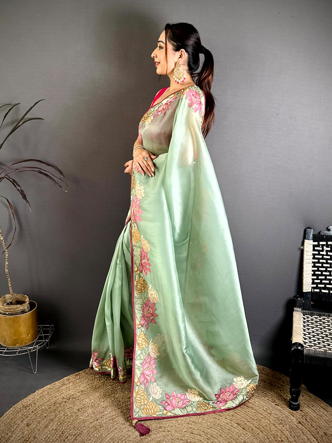 Pista Silky Tissue Resham Border Saree