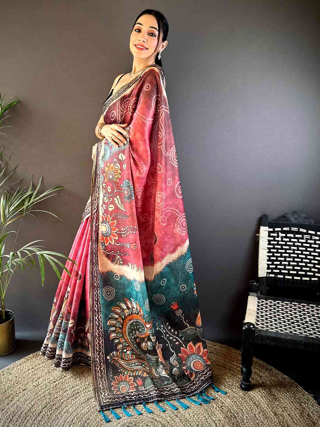 Blush Pink Kalamkari Bandhani Chanderi Saree