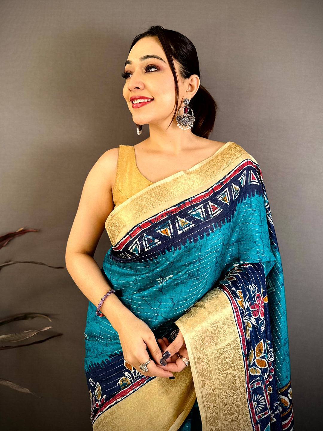 Teal Dola Kalamkari Zari Stripe Saree