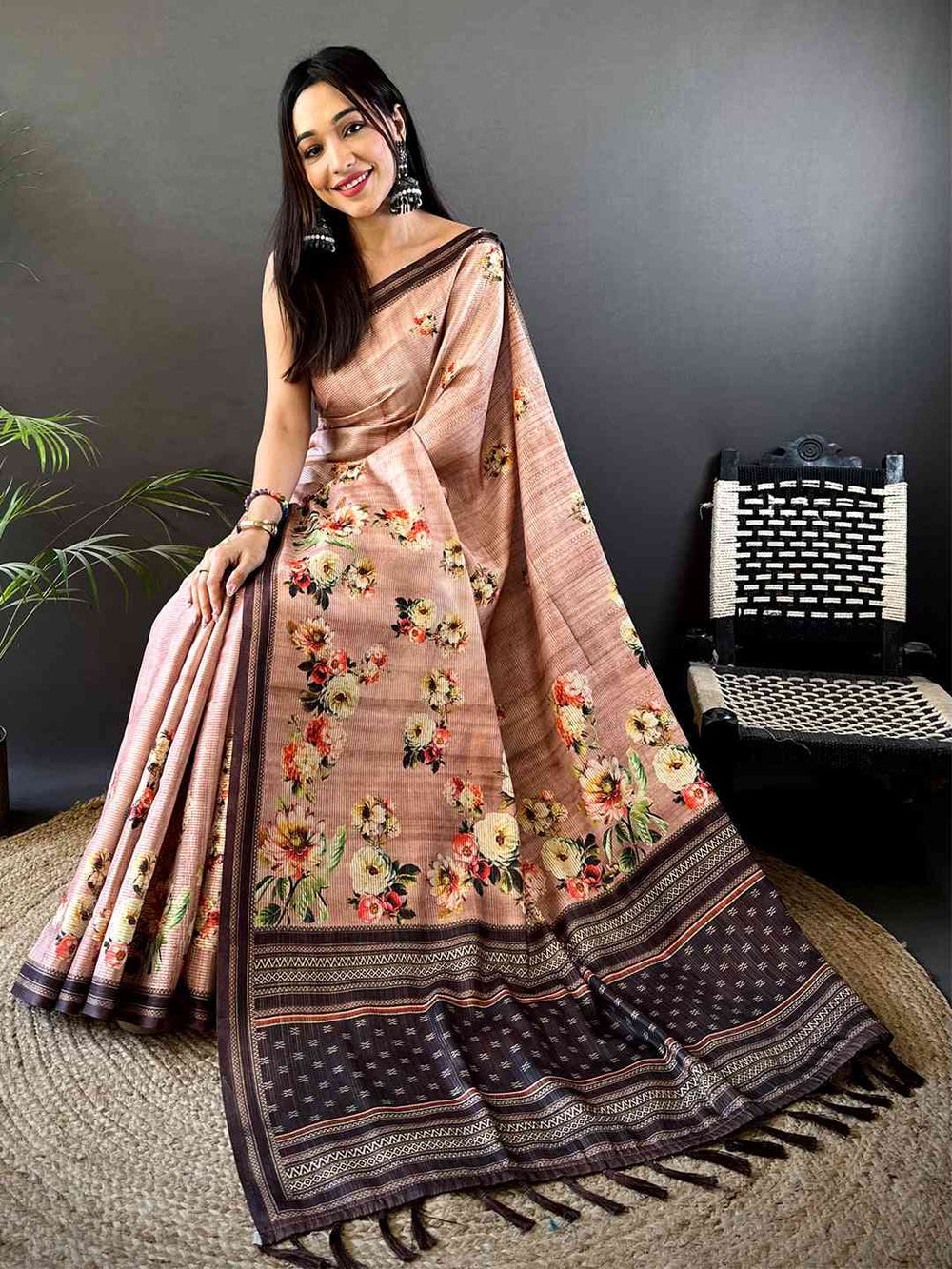 Floral Beauty in Blush Pink Tussar Zari Saree