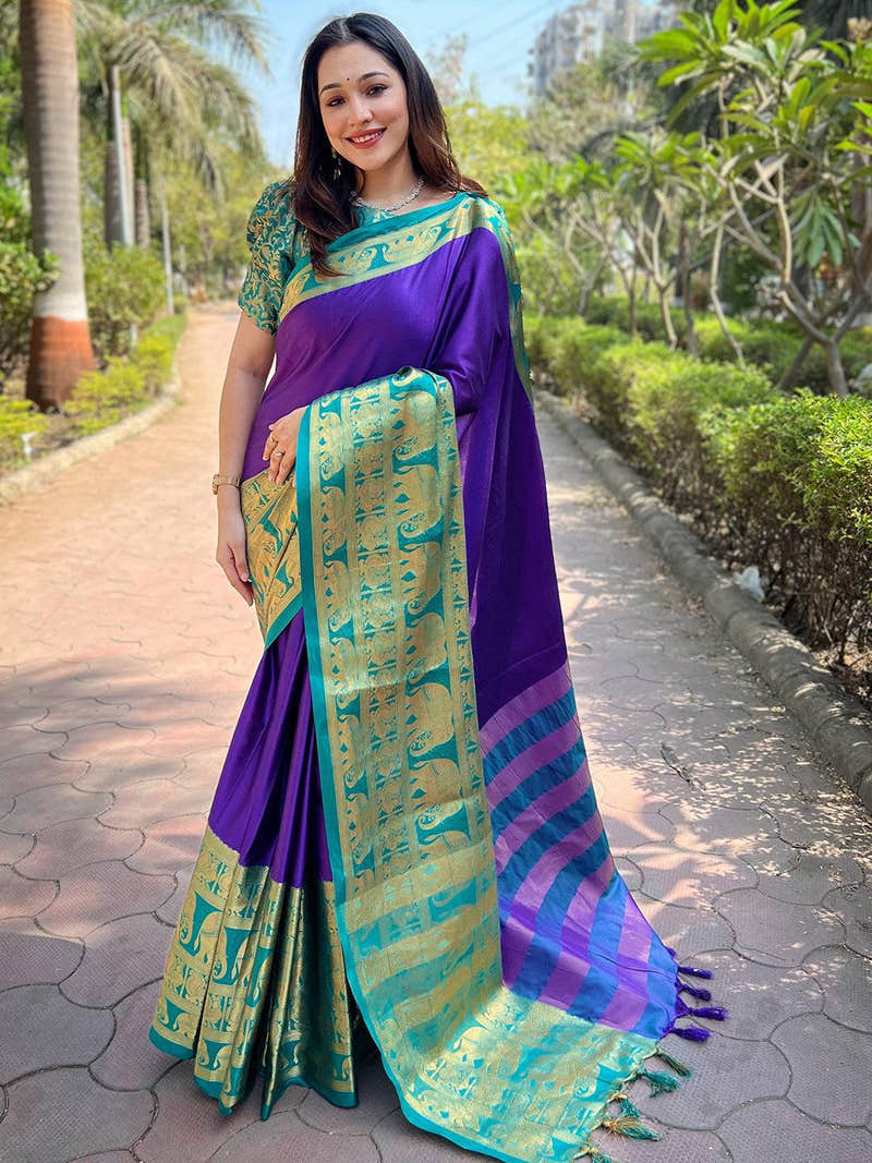 Aura Soft Silk Indigo Colour Saree With Self Weaving Brocade Blouse