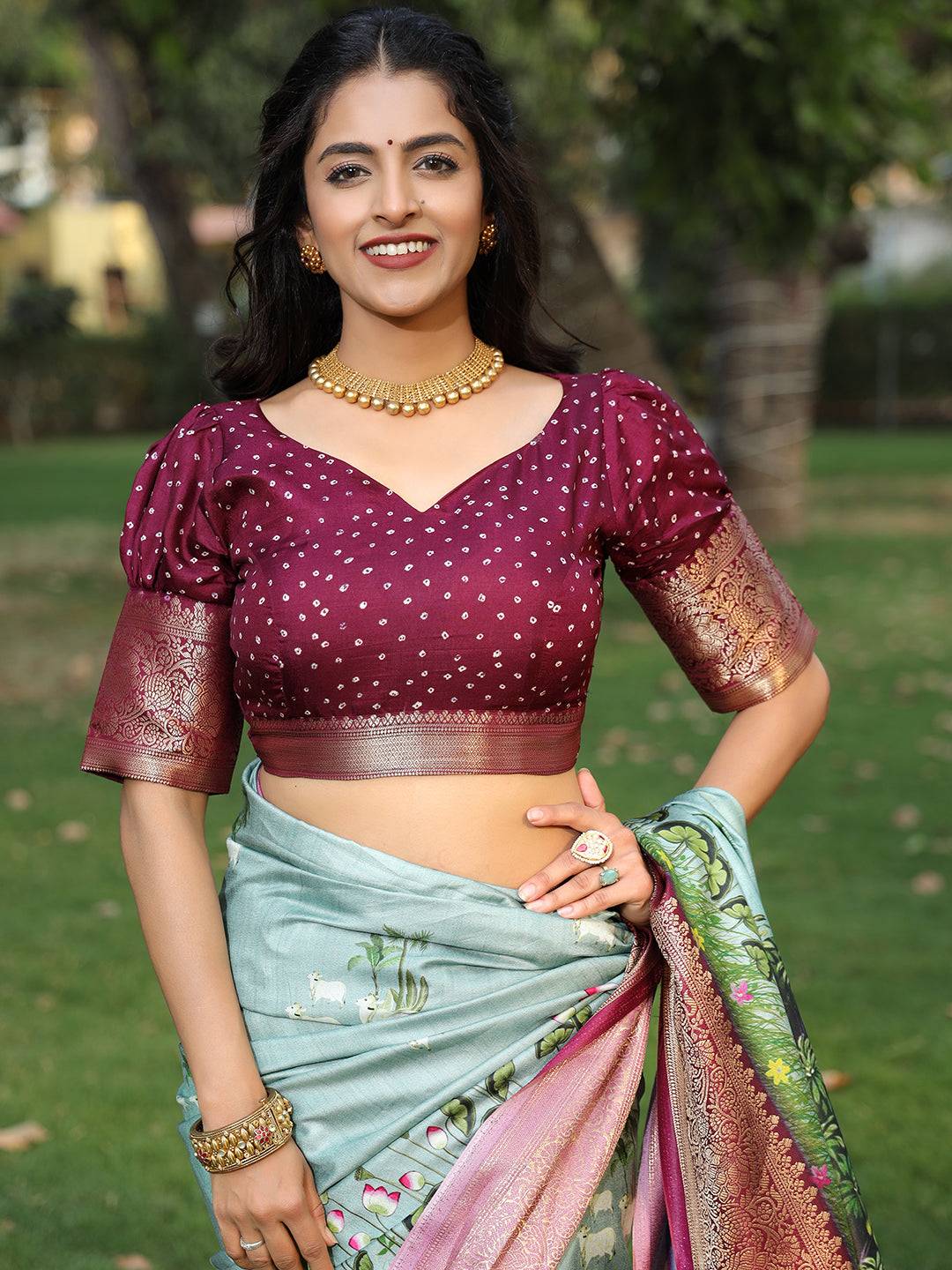 Viscose Dola Silk Sky Blue Saree with Floral & Mughal Print