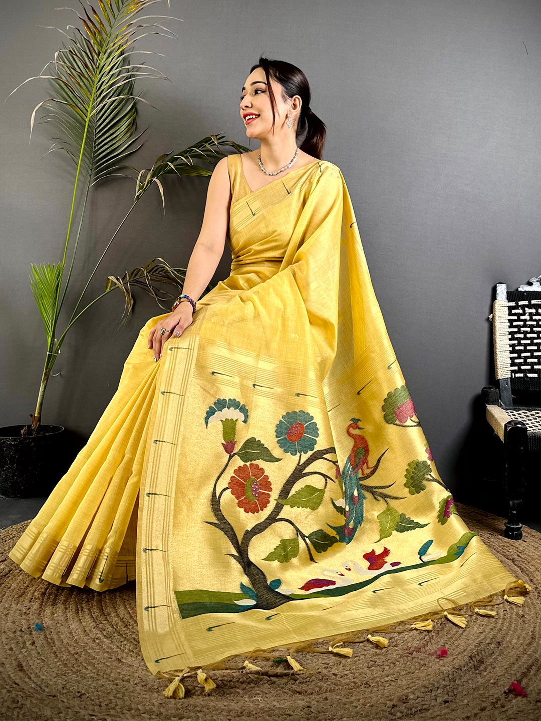 Yellow Minakari Grace Khadi Linen Saree