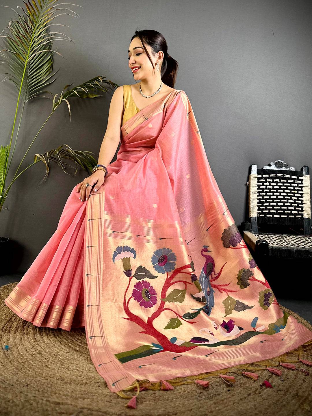 Peach Minakari Grace Khadi Linen Saree