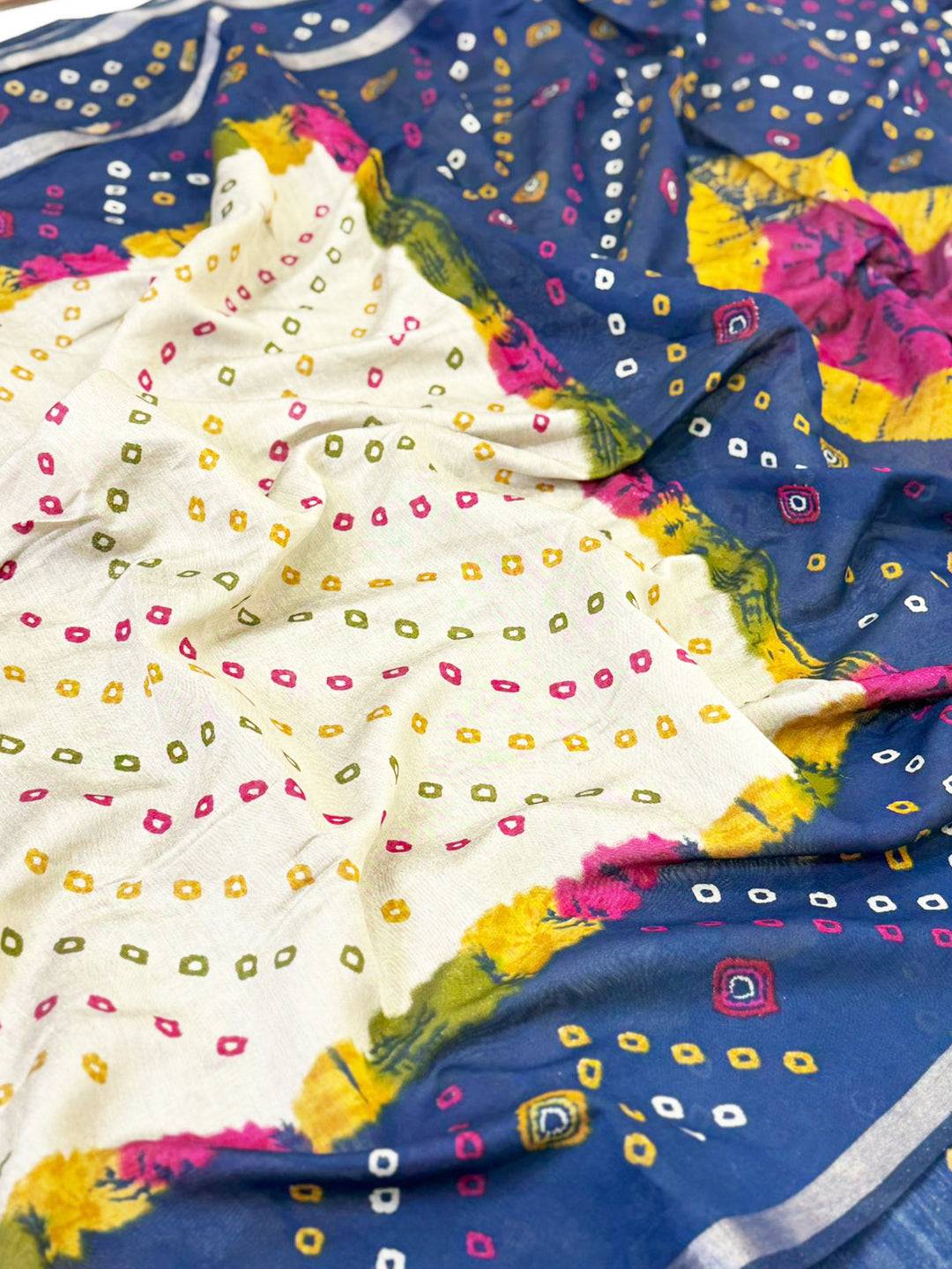 Blue Mul Cotton Bandhej Print Saree