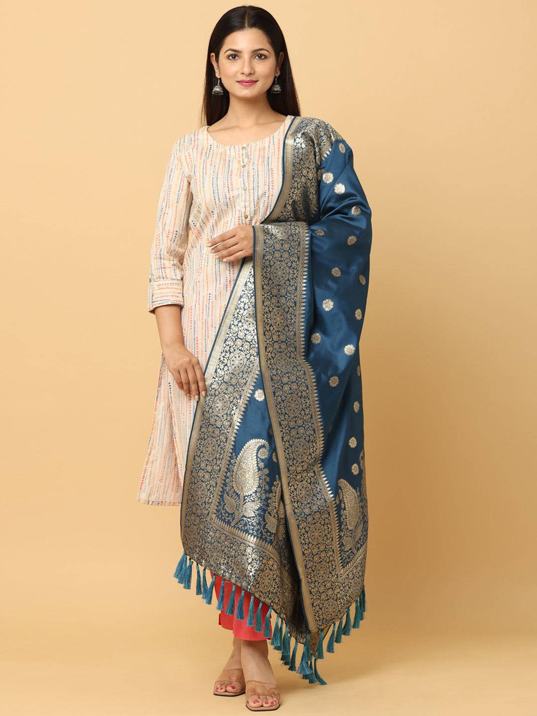 Elegant teal dupatta with resham tassels and woven design.
