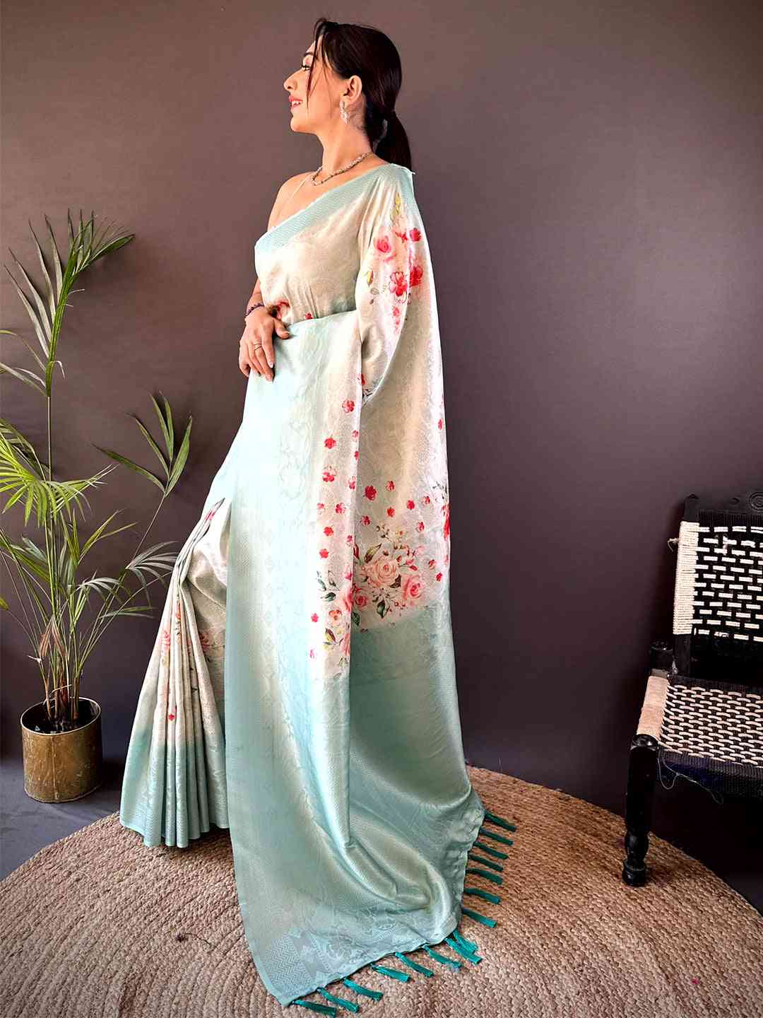 Light Blue Kanjivaram Digital Silk Saree
